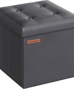SONGMICS Puff Almacenaje de 38 cm, Banco de Almacenamiento Plegable con Tapa, Reposapiés, Cuero Sintético, Carga de 300 kg, para Entrada, Sala de Estar, Dormitorio, Gris Pizarra LSF030G11