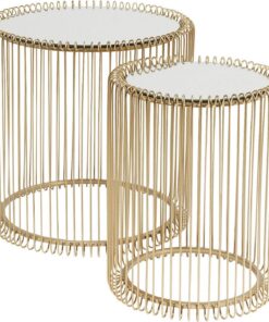 Kare Design mesa auxiliar Wire Brass, dorado, (2/set), Latón, 45cm diámetro, mesilla de noche, estructura de acero, tablero de cristal espejado, 46x45x45 cm (A/A/P)