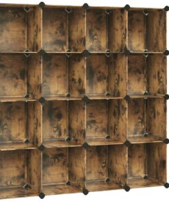 SONGMICS Armario Modular, con 16 Cubos Apilables, Zapatero Modular, Estante de Plástico PP, para Dormitorio, Oficina, 31 x 123 x 123 cm, Marrón Rústico LPC442A01