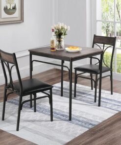 VECELO Juego de 3 sillas de cocina para el hogar, comedor, rincón de desayuno, granja, espacio pequeño, mesa de comedor para 2, color marrón