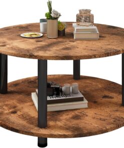 Mesa de café, redonda, 2 estantes, mesa auxiliar, mesa auxiliar, mesa de café, para sala de estar, dormitorio, marco de metal estable, tablero de MDF, 60 x 60 x 48,5 cm, vintage marrón-negro