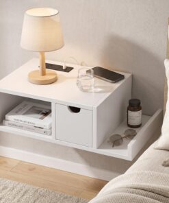 Afuly Mesita de noche flotante con estación de carga, soporte de pared blanco con cajón, mesita de noche colgante, mesa auxiliar, mesa auxiliar moderna de madera maciza para dormitorio, decoración de