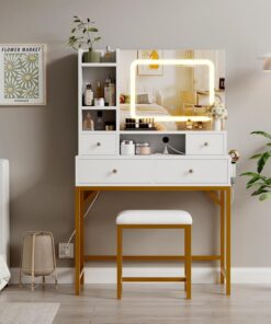 Escritorio de maquillaje con espejo, escritorio con luces en 3 colores, mesa de tocador para niñas con estación de carga, 4 cajones, 6 estantes de almacenamiento para dormitorio, oro blanco