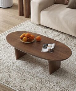 Mesa de Centro Ovalada Moderna, Madera de Pino Maciza, Mesa Minimalista para salón, Cocktail Tables para Apartamentos pequeños, Estilo orgánico(Walnut,90cm/35.4in)