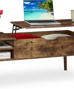 Relaxdays Mesa Centro Elevable, 2 Compartimentos Laterales, Mesita Sofá con Almacenaje, Industrial, 45x108x40cm, Marrón