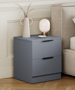 Vida Designs Trega Mesita de Noche con 2 cajones, Color Gris, mesita de Noche compacta Que Ahorra Espacio, 41 cm de Alto x 39 cm de Ancho x 28 cm de Profundidad, cajones deslizantes, Asas Negras