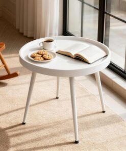 Mesa Auxiliar Redonda 50 cm, mesita de Noche Moderna,Blanco | Diseño moderno e impermeable. Fácil montaje. Perfecta como mesita de noche, mesa de centro o mesa auxiliar.