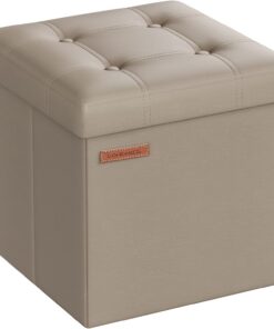 SONGMICS Puff Almacenaje de 38 cm, Banco de Almacenamiento Plegable con Tapa, Reposapiés, Cuero Sintético, Carga de 300 kg, para Entrada, Sala de Estar, Dormitorio, Marrón Camello LSF030K13