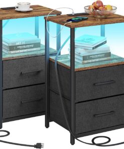 TUTOTAK Mesa auxiliar LED con estación de carga, mesita de noche con cajón de tela, mesa auxiliar con 1 puerto USB y 1 puerto tipo C, juego de 2, mesa de sofá, marrón y negro TB01BB052KL