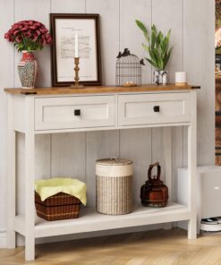 Trironsun mesa consola rústica con 2 cajones para pasillo, mesa de sofá rústica con estante abierto, pasillo de madera para dormitorio y sala de estar (blanco antiguo)