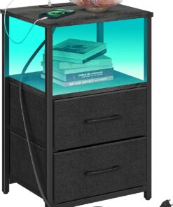 TUTOTAK Mesa auxiliar LED con estación de carga, mesita de noche, mesa auxiliar con 2 puertos USB y tomas, mesita de noche con cajón de tela, mesita de noche para sala de estar, dormitorio, gris