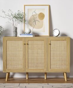 Aparadores de ratán para sala de estar, armario de almacenamiento de buffet con 3 puertas, madera Credenza, armarios de entrada con estantes ajustables, patas de madera maciza para cocina
