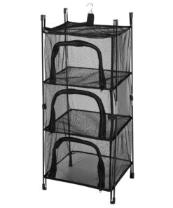 AKTIVE Organizador Armario Colgante, 38 x 36 x 87 cm, Estantería Camping, 3 Niveles, Balda Superior, 1 Gancho, Armario Plegable, Tejido poliéster Rejilla, Negro, Bolsa de Almacenamiento portátil