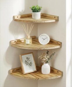 Estantería de Esquina Carbonizado Estante Esquina con Frente Curvo | 25cm Estanteria Esquina Pared Juego de 3, Balda, Almacenaje, Decoración, Esquineros Pared para Fotos, para Salón, Dormitorio