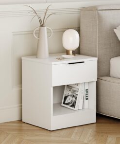 Vida Designs Trega - Mesita de noche compacta con 1 cajón, color blanco, 41 x 39 x 28 cm, madera de ingeniería, cajón de deslizamiento suave, mango negro moderno, ideal para dormitorio y habitación de