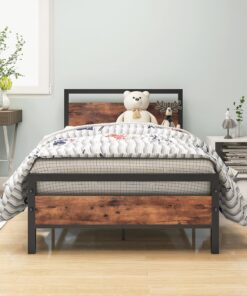 HOJINLINERO Marco de Cama de Metal y Madera, Estructura de Cama de Acero con Somier, Cama Individual 90 x 200 cm, Estilo Industrial, Negro