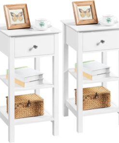 Yaheetech 2 Piezas Mesitas de Noche Alta 35×35x70cm | Mesillas de Noche con Cajón y Dos Estantes Mesa Auxiliar Madera MDF para Dormitorio Blanco