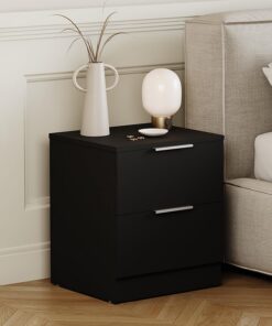 Vida Designs Trega - Mesita de Noche compacta con 2 cajones, 41 x 39 x 28 cm, Madera de ingeniería, cajones deslizantes, Asas Plateadas Modernas, Ideal para Dormitorio y habitación de Invitados