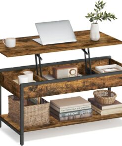 VASAGLE Mesa de Centro Elevable, Mesa de Salón con Almacenamiento Abierto y Compartimentos Ocultos, 50 x 100 cm, Marrón Rústico y Negro Tinta LCT261KD02