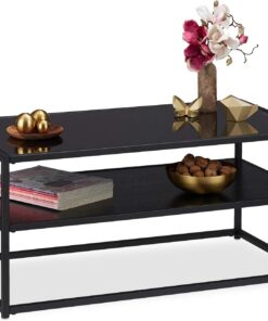 Relaxdays Mesa Centro Cristal con Balda Inferior, Metal y Vidrio, 42 x 90 x 50 cm, Negro