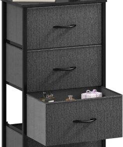 DWVO Cómoda con 8 cajones de Tela para Dormitorio, Sala de Estar con Asas, Parte Superior de Madera y Marco de Acero Resistente, Color Negro y Gris