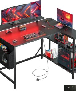 Escritorio de juegos en forma de L con luces LED y tomas de corriente, mesa de ordenador de esquina de 120 x 80 cm con bolsa de almacenamiento, estantes ajustables y soporte grande para