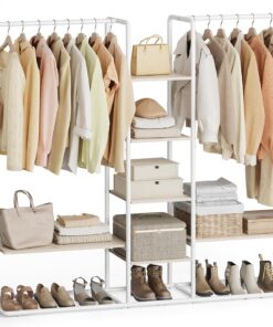 SONGMICS HOME Perchero, Armario Abierto, 6 Estantes de Almacenaje, 2 Barras, Ganchos de Fósforo, Armario de Dormitorio, Beige Natural y Blanco Mate RGR012K01
