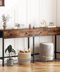 YATINEY Mesa de Entrada Estrecha y Larga, Mesa de Sofá de 160 cm, Consola Industrial, para Vestíbulo con 4 Cajones de Tela, para Salón, Entrada, Pasillo, Marrón Vintage y Negro XCT40BR