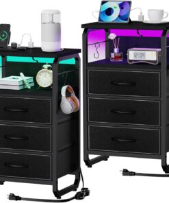 runjuly - Mesitas de noche altas con estación de carga, mesas auxiliares para dormitorio, mesita de noche con 3 cajones de tela, mesita de noche con almacenamiento para dormitorio