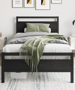 HOJINLINERO Marco de Cama de Metal de Madera, Cama Individual de Metal, 90 x 200 cm, con somier, Cama de Invitados, Cama Juvenil de 90 x 200 cm, con Espacio de Almacenamiento, Color Negro