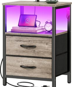Huuger Mesita de noche con estación de carga y luces LED, mesita de noche de 2 cajones, mesa auxiliar de cama con estante abierto, mesa auxiliar, cajones de tela para dormitorio, roble