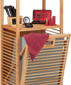 Relaxdays Cesto para la Ropa Sucia, Caja Plegable de Tela, Estantería de bambú, 95x40x30 cm, Marrón/Gris