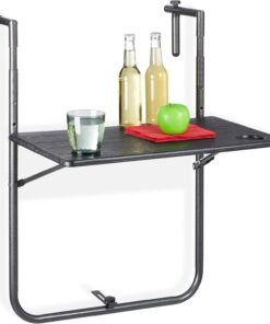Relaxdays Mesa Plegable Balcón, 3 Alturas, Mesita Colgante Efecto Madera 59,5x36 cm, Mueble Exterior Barandilla, Negra