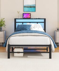Base de cama individual de 3 pies con cabecera de almacenamiento y luces LED, plataforma de metal resistente individual con estación de carga, base de colchón fuerte soporte de listones