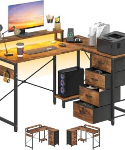 YITAHOME Mesa Escritorio con Estante de Almacenamiento de Bricolaje de 4 Niveles, Escritorio Ordenador con 2 Puertos USB y Enchufes para Oficina, Estudio, Sala de Estar, 130x100x75cm, Marrón Vintage