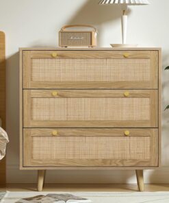 Cómoda de ratán para dormitorio, cómoda de 3 cajones con amplio almacenamiento, cómoda de madera para dormitorio, pasillo, sala de estar, roble rústico, 80 x 40 x 91 cm