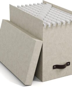 Bigso Box of Sweden Caja archivadora con tapa – Elegante organizador de documentos con 8 carpetas colgantes – Caja clasificadora de tablero de fibras y papel con elegante aspecto de lino – beige