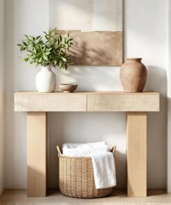 Consola con 2 Cajones de Rattan, 114 cm Mesa de Sofá de Madera con Almacenamiento, Mesa de Entrada Moderna para Recibidor, Pasillo y Salón