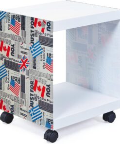 Inter Link - Mesa auxiliar - Mesilla de noche - Mesa de centro - Con ruedas - Cubo Flag - Vidrio y MDF - Moderna y práctica - Lacado blanco - 38 x 33,5 x 46 cm