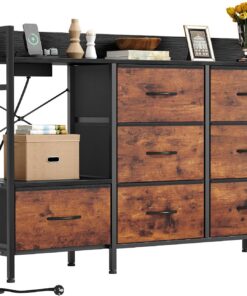 YITAHOME Cómoda para Dormitorio con 7 cajones de Tela, cómoda con 2 enchufes, 2 Puertos USB y Tira de luz LED, Armario de TV con Ganchos Laterales, marrón rústico