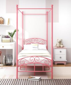 Cama con dosel, estructura de cama doble, marco de metal, somier de láminas, dormitorio, muebles de dormitorio, cama matrimonial, rosa, 90 x 200 cm