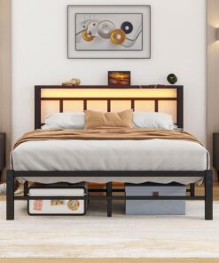 Cama de 120 x 200 cm con iluminación LED, estructura de metal con base de carga (1 toma de CA, 2 puertos USB), cama de metal de 120 x 200 cm, con cabecero, somier de láminas y