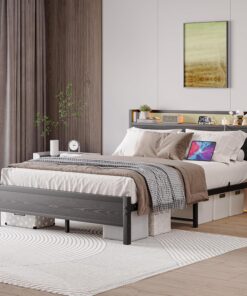 Marco de cama doble con luces LED, cabecero de almacenamiento, marco de cama de metal de 4 pies 6 pulgadas con estación de carga, soporte de listones de acero fuerte, almacenamiento debajo de