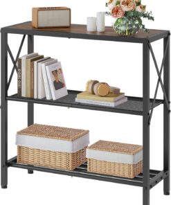Hoctieon Mesa de Entrada Estrecha, Consola Recibidor, Consola de Entrada de 3 Niveles, Marco de Metal, Mesa Recibidor Auxiliar de Forma X para Entrada, Pasillo, Salón, Marrón