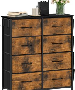 DWVO Cómoda con 8 cajones, cajones de Tela con Bolsillo Lateral y Ganchos, asa fácil de Tirar, Marco de Acero Resistente, Placa Superior de Madera para Dormitorio, Sala de Estar, marrón rústico