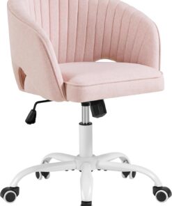 Yaheetech Silla de Oficina Ergonómica con Respaldo Acolchado de Canales, Silla de Maquillaje de Tela con Ruedas, Asiento Ajustable en Altura para Dormitorio, Estudio o Salón, Rosa