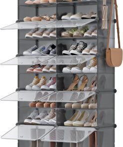 SONGMICS Mueble Zapatero Plástico, 10 Compartimentos para 40 Pares de Zapatos, con Puertas, Estructura de Acero y Estantes de Plástico, Armario para Dormitorio, Gris Pizarra y Transparente LPC035G01