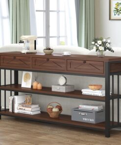 HSH Mesa consola de entrada con cajones de almacenamiento, 140 cm, nogal | Mesa consola con almacenamiento para sala de estar, mesa de sofá rústica de madera y metal, mesas de pasillo para entrada