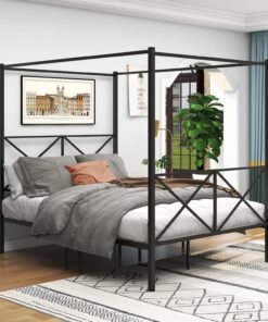 Marco de cama con dosel, tamaño King, color negro | Cabecero y estribo de metal, estilo moderno, plataforma de acero, listones resistentes