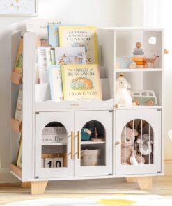 ROBUD Estantería para Libros Infantiles, Color Blanco, de Madera, Varios Niveles, con Zona de Almacenamiento de Juguetes, Armario Infantil para Grandes Libros de imágenes, Muebles Infantiles